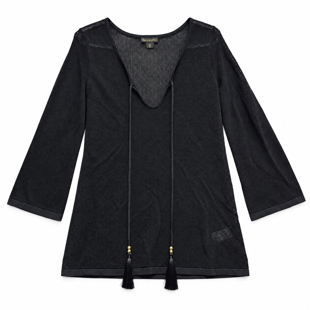 House of Harlow 1960 Black Mesh Open-Knit Cover-Up Tassel Tunic • Large